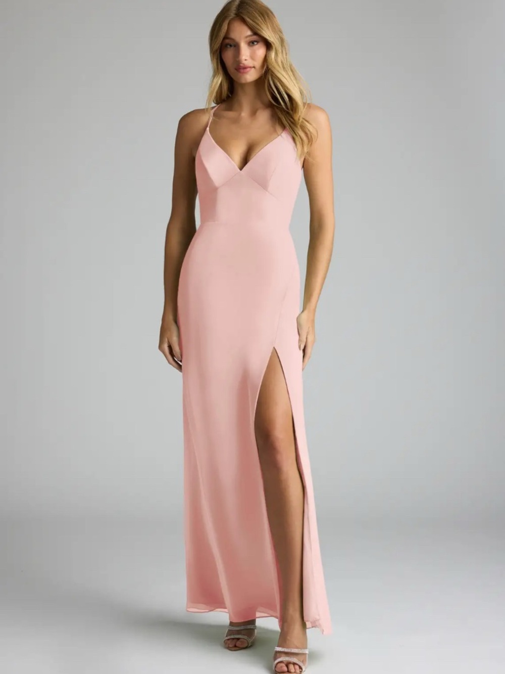 Azazie Becca Rosette Pink V-Neck Spaghetti Strap Maxi Dress
